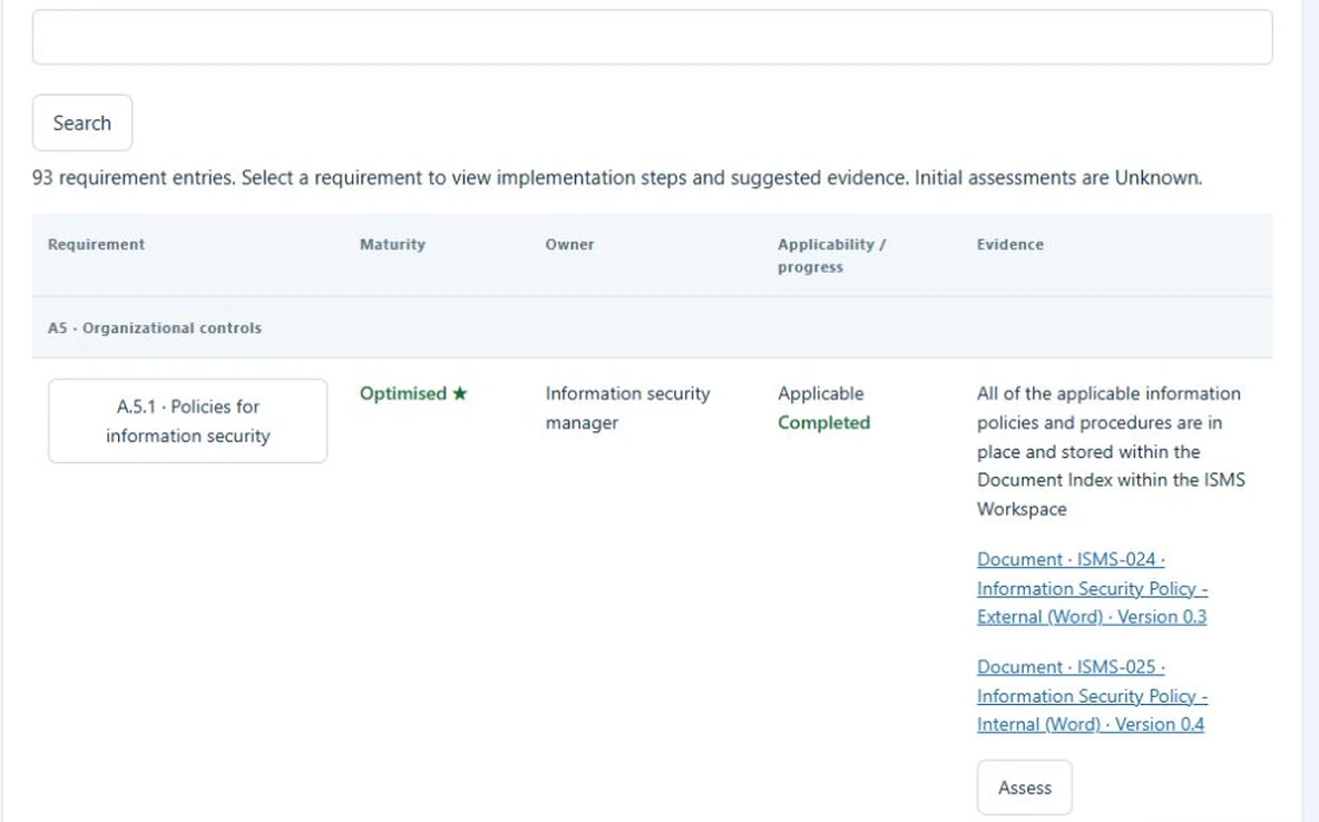 The Showcase Statement of Applicability connects control assessments, ownership and evidence