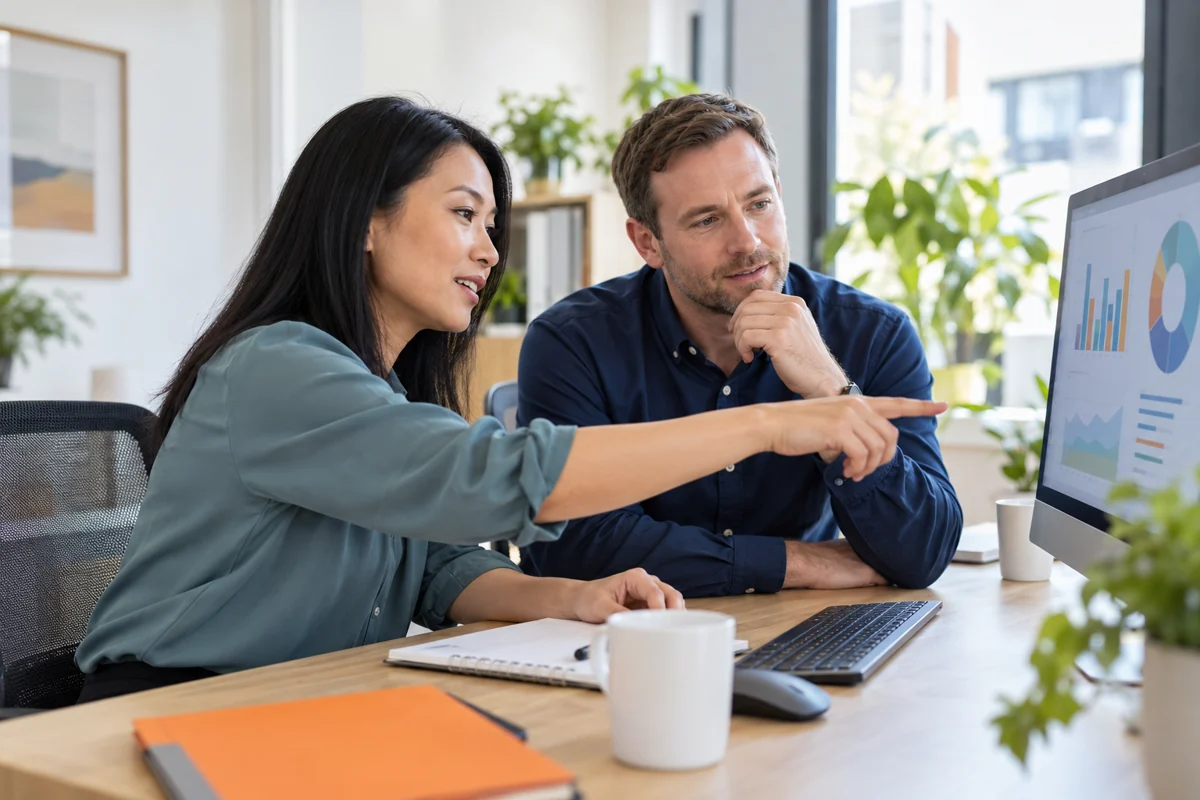 Illustrative IT professionals reviewing information on a desktop monitor in a bright office