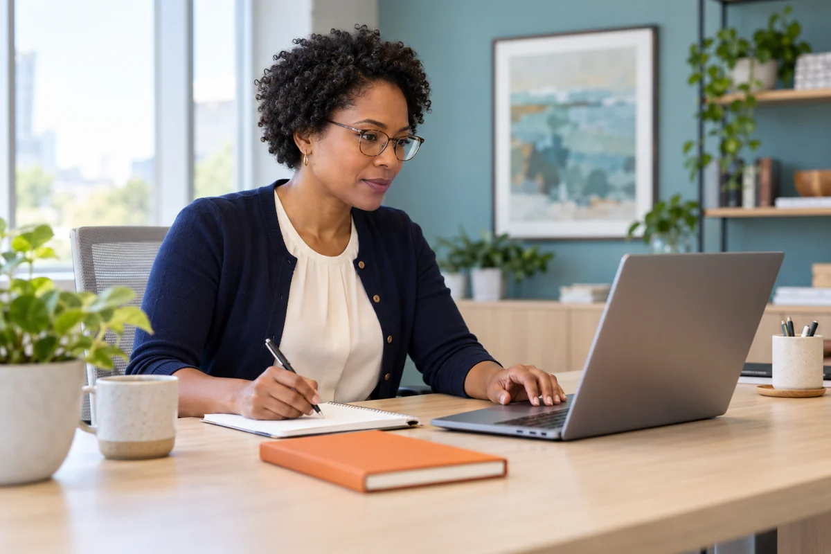 Illustrative privacy professional reviewing work using a laptop and notebook